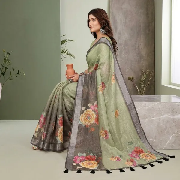 Green_And_Grey_Linen_Shimmer_Saree_With_Unstitched_Blouse_Piece_For_Women