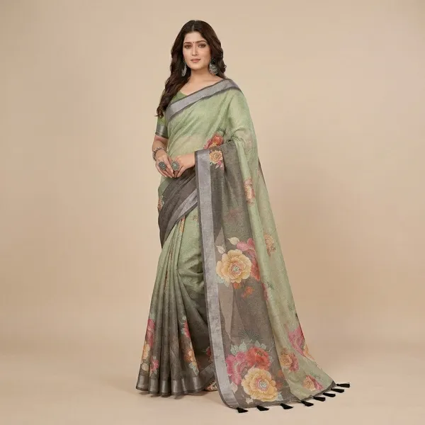 Green_And_Grey_Linen_Shimmer_Saree_With_Unstitched_Blouse_Piece_For_Women