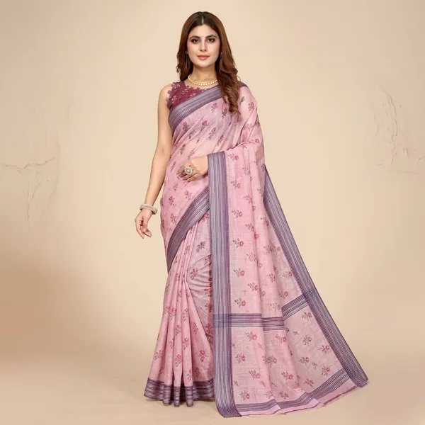 Pink_Linen_Pata_Saree_With_Unstitched_Blouse_Piece_For_Women