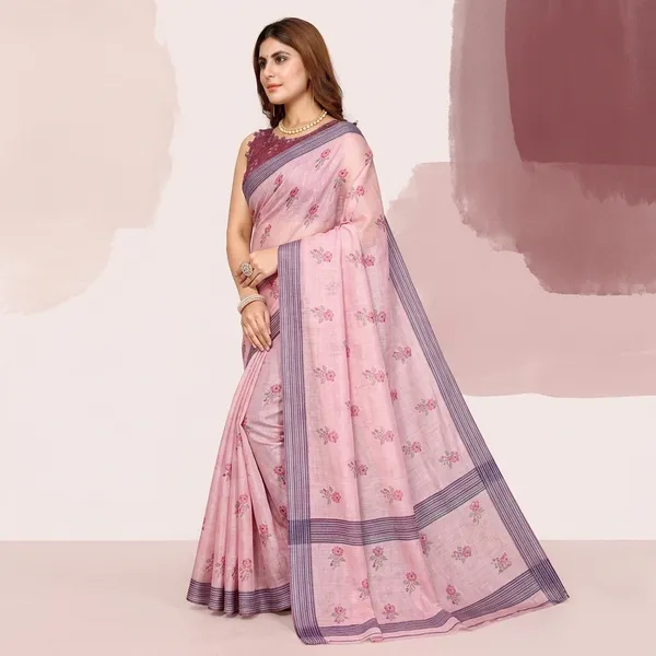 Pink_Linen_Pata_Saree_With_Unstitched_Blouse_Piece_For_Women