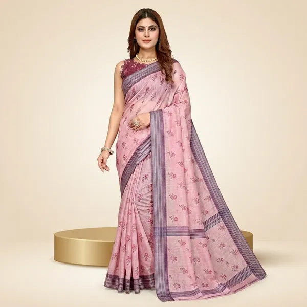 Pink_Linen_Pata_Saree_With_Unstitched_Blouse_Piece_For_Women