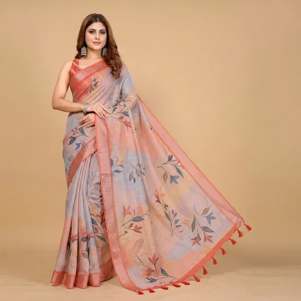 Grey_And_Red_Linen_Pata_Saree_With_Unstitched_Blouse_Piece_For_Women