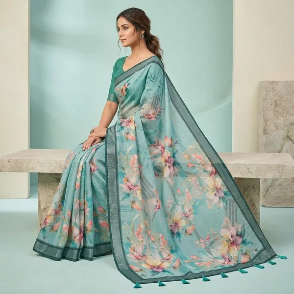 Aqua_Blue_Linen_Pata_Saree_With_Unstitched_Blouse_Piece_For_Women