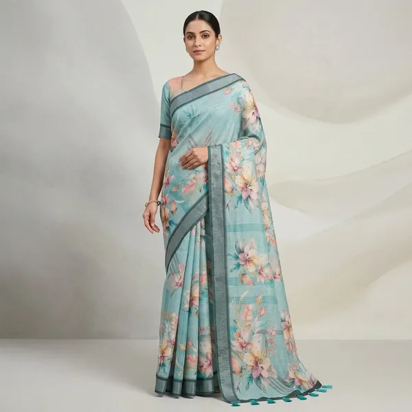 Aqua_Blue_Linen_Pata_Saree_With_Unstitched_Blouse_Piece_For_Women