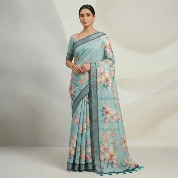 Aqua_Blue_Linen_Pata_Saree_With_Unstitched_Blouse_Piece_For_Women