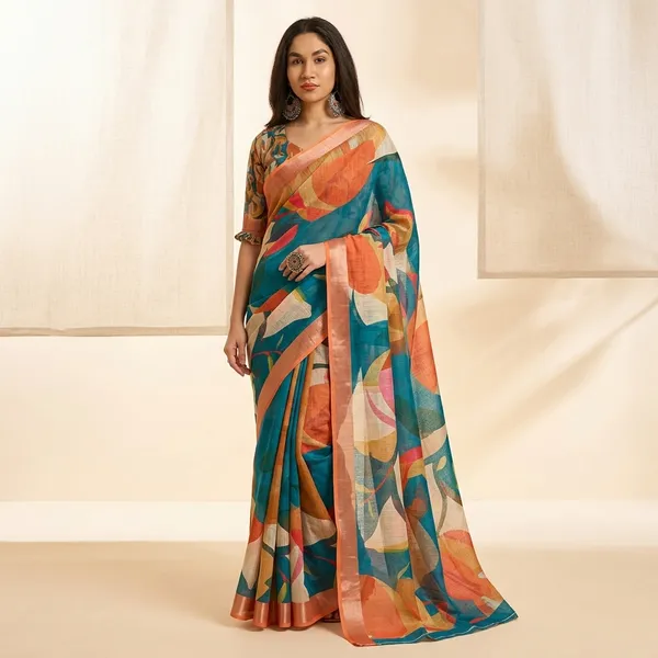 Multicolor_Linen_Pata_Saree_With_Unstitched_Blouse_Piece_For_Women