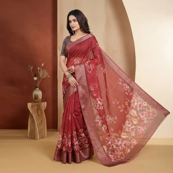 Red_Linen_Jacquard_Saree_With_Unstitched_Blouse_Piece_For_Women
