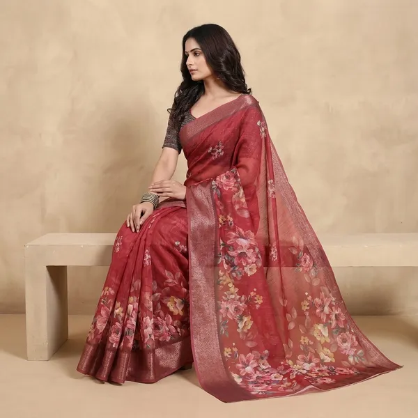 Red_Linen_Jacquard_Saree_With_Unstitched_Blouse_Piece_For_Women