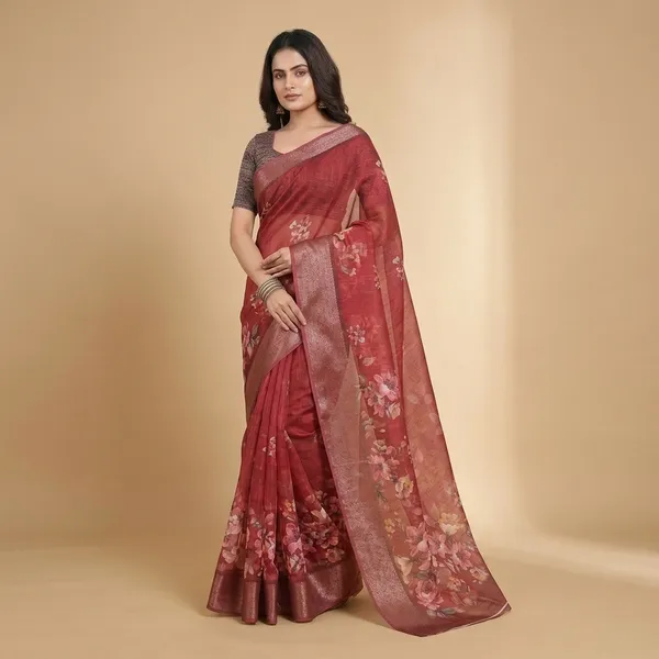 Red_Linen_Jacquard_Saree_With_Unstitched_Blouse_Piece_For_Women