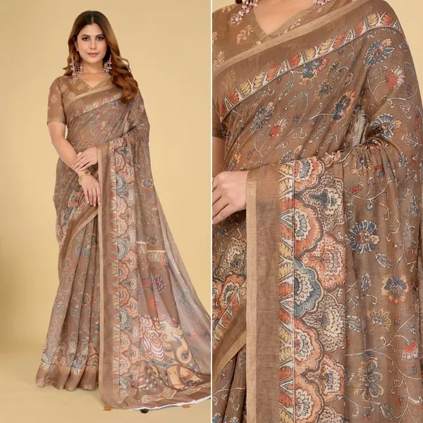 Brown_Chanderi_Saree_With_Unstitched_Blouse_Piece_For_Women