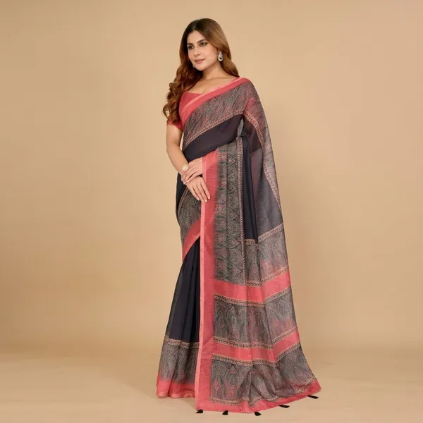Black_And_Red_Chanderi_Saree_With_Unstitched_Blouse_Piece_For_Women