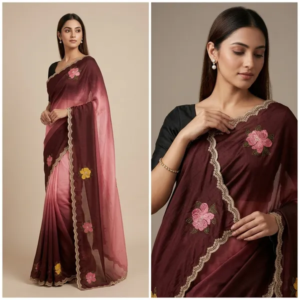 Pink_And_Brown_Chinon_Saree_With_Unstitched_Blouse_Piece_For_Women