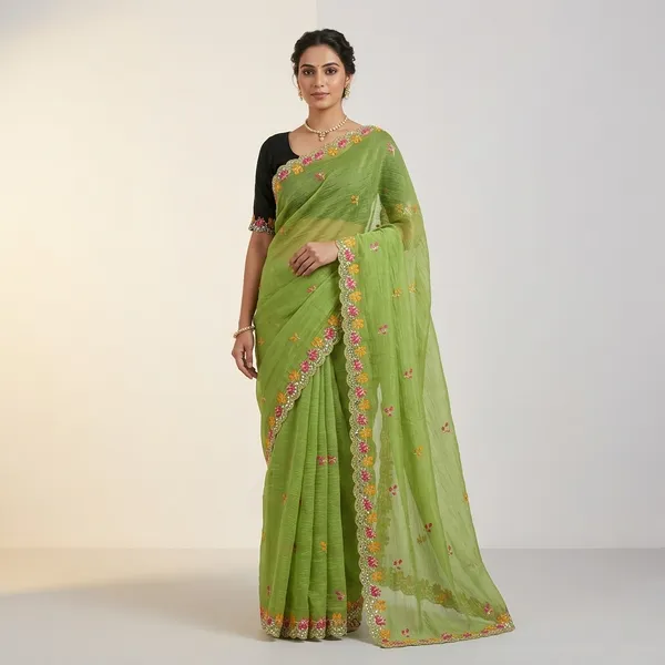Green_Crunchy_Chiffon_Saree_With_Unstitched_Blouse_Piece_For_Women
