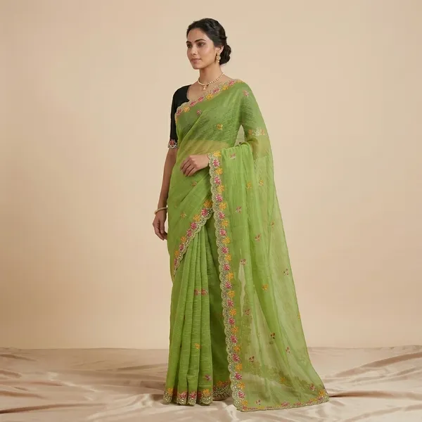 Green_Crunchy_Chiffon_Saree_With_Unstitched_Blouse_Piece_For_Women
