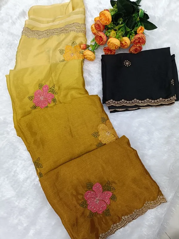 Yellow_Chinon_Saree_With_Unstitched_Blouse_Piece_For_Women