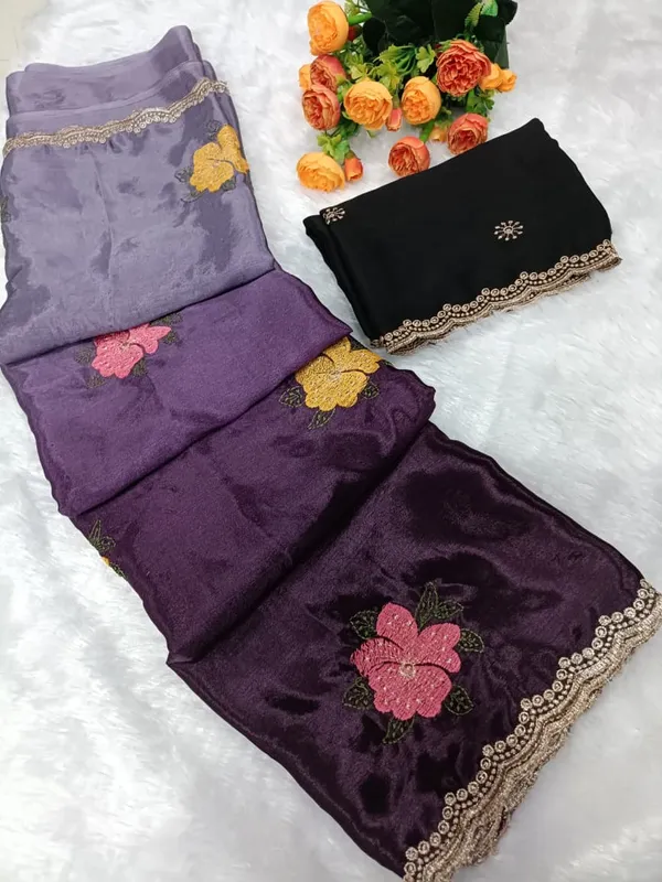 Purple_Chinon_Saree_With_Unstitched_Blouse_Piece_For_Women