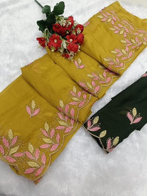 Mustard_Yellow_Star_Georgette_Saree_With_Unstitched_Blouse_Piece_For_Women