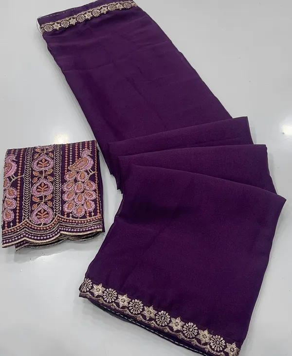 Royal_Purple_Star_Georgette_Saree_With_Unstitched_Blouse_Piece_For_Women