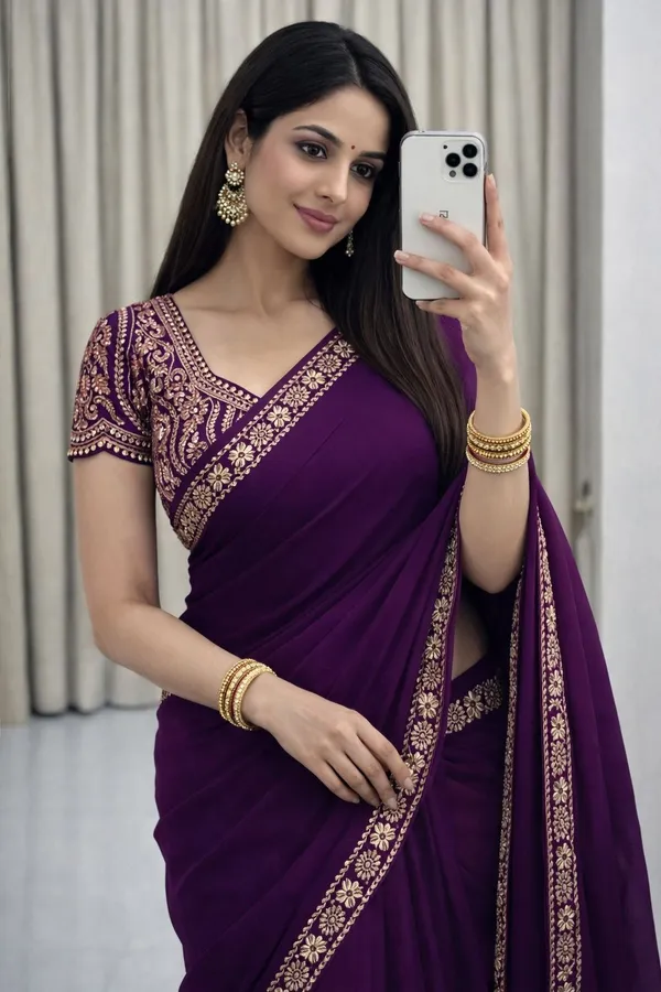 Royal_Purple_Star_Georgette_Saree_With_Unstitched_Blouse_Piece_For_Women