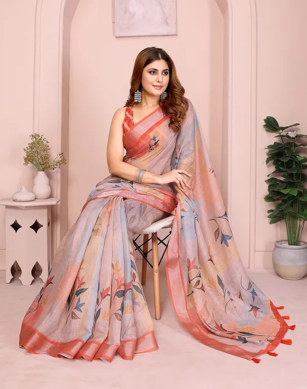 Grey_And_Red_Linen_Pata_Saree_With_Unstitched_Blouse_Piece_For_Women