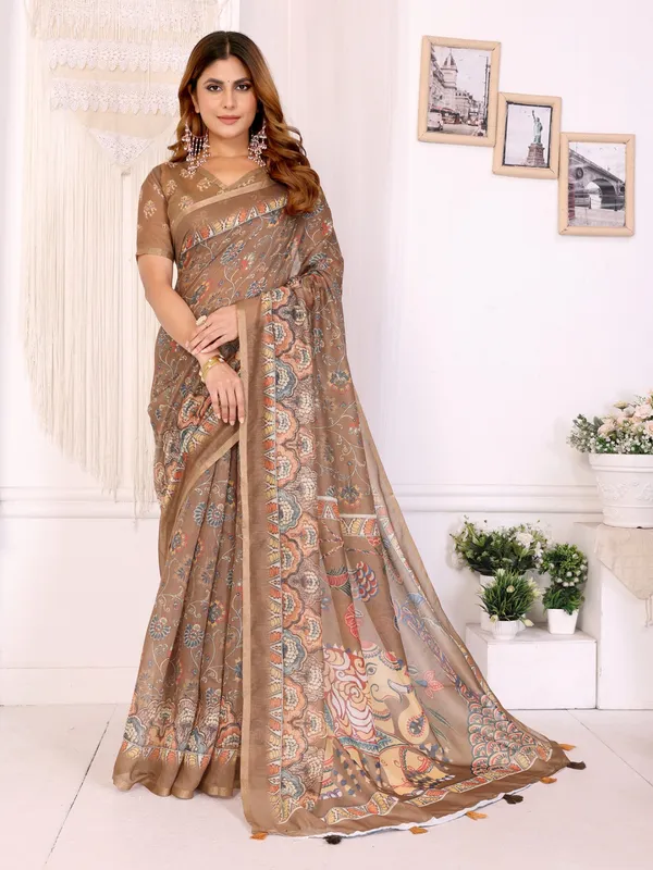 Brown_Chanderi_Saree_With_Unstitched_Blouse_Piece_For_Women