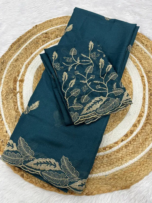 Teal_Blue_Star_Georgette_Saree_With_Unstitched_Blouse_Piece_For_Women