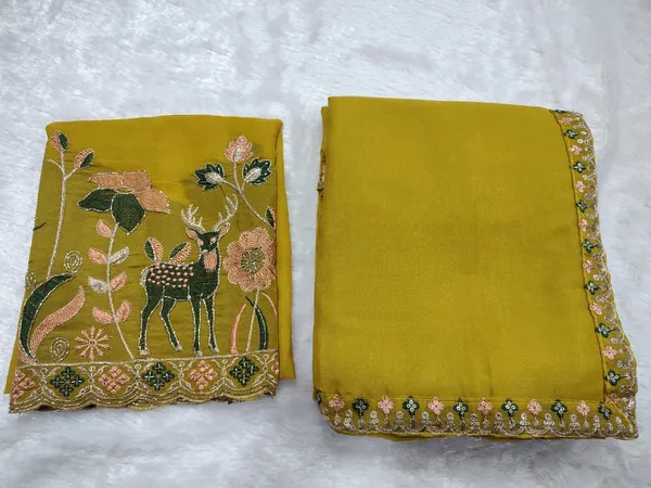 Mustard_Yellow_Star_Georgette_Saree_With_Unstitched_Blouse_Piece_For_Women