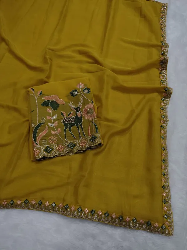 Mustard_Yellow_Star_Georgette_Saree_With_Unstitched_Blouse_Piece_For_Women