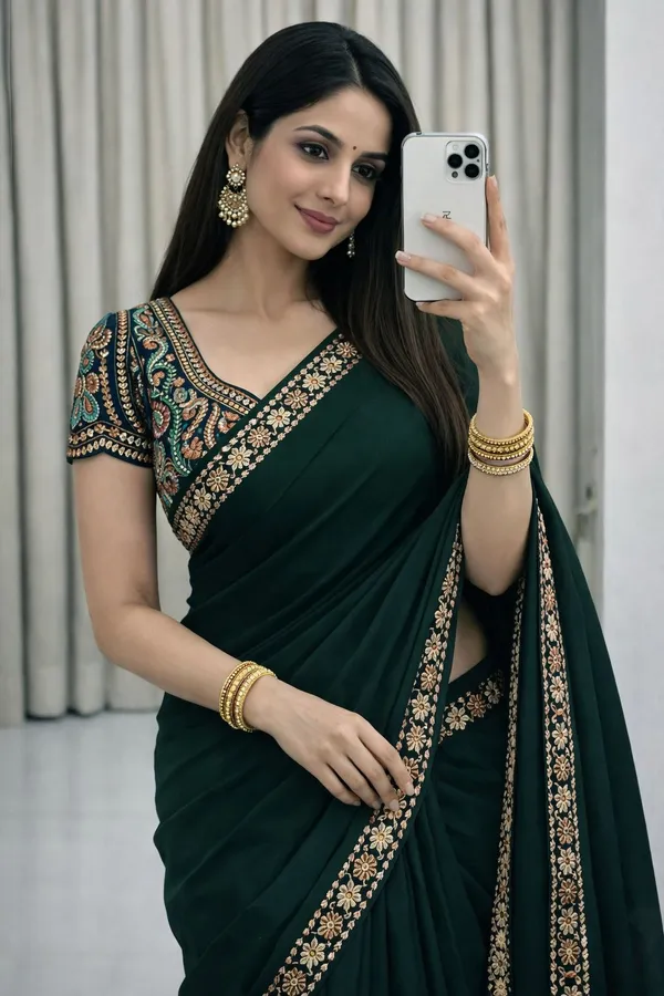 Green_Star_Georgette_Saree_With_Unstitched_Blouse_Piece_For_Women