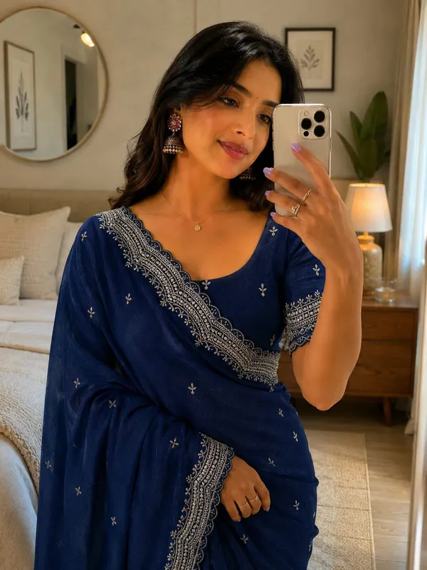 Navy_Blue_Star_Georgette_Saree_With_Unstitched_Blouse_Piece_For_Women