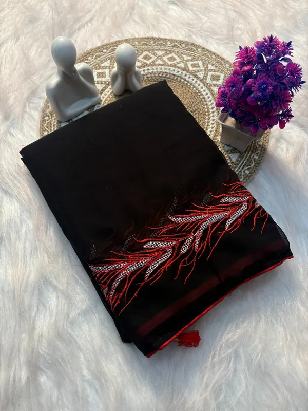 Black_And_Red_Star_Georgette_Saree_With_Unstitched_Blouse_Piece_For_Women