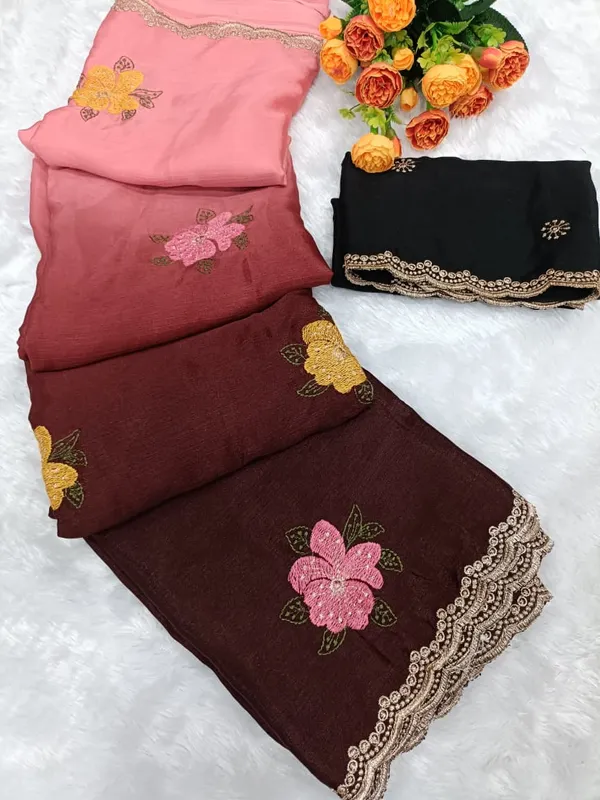 Pink_And_Brown_Chinon_Saree_With_Unstitched_Blouse_Piece_For_Women