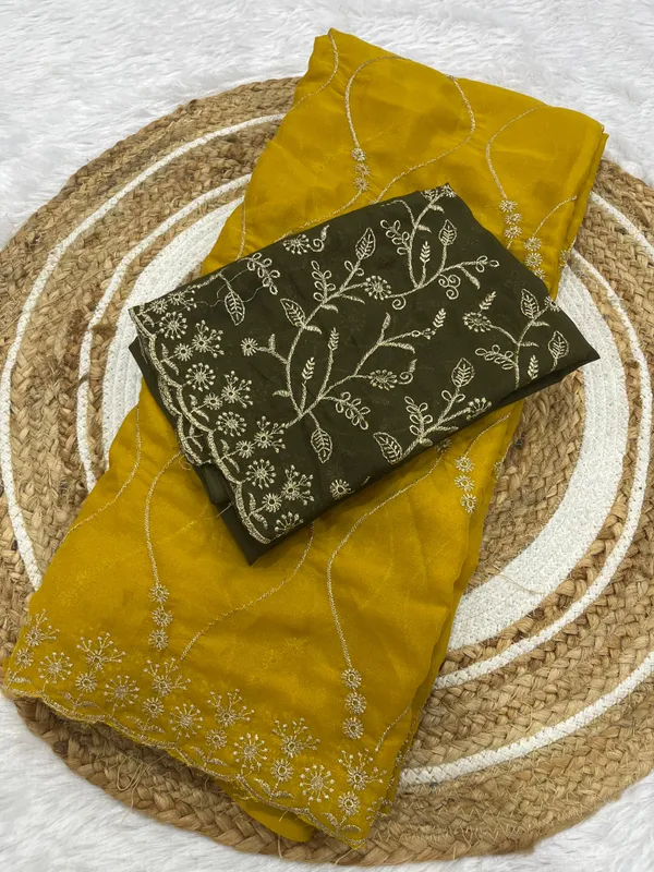 Mustard_Yellow_And_Olive_Green_Star_Georgette_Saree_With_Unstitched_Blouse_Piece_For_Women