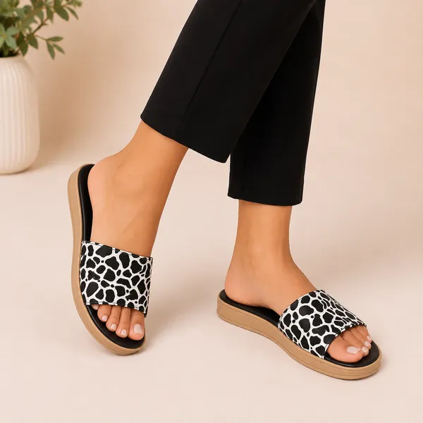 Black_&_White_Synthetic_Animal_Print_Slip-On_Sandals_For_Women