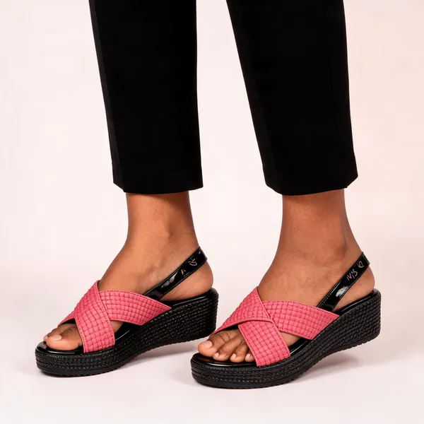Pink_&_Black_Synthetic_Crisscross_Strap_Wedge_Sandals_For_Women