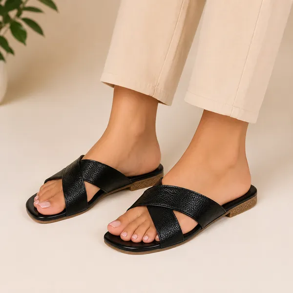 Black_Synthetic_Crisscross_Strap_Flat_Sandals_For_Women