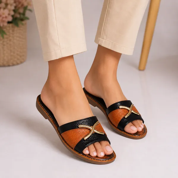 Black_&_Brown_Synthetic_Textured_Contrast_Flat_Sandals_For_Women