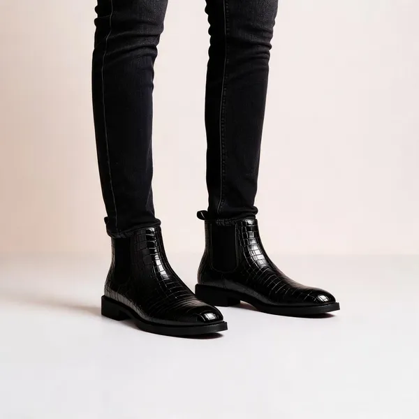 Black_Synthetic_Croc_Embossed_Chelsea_Boots_For_Men