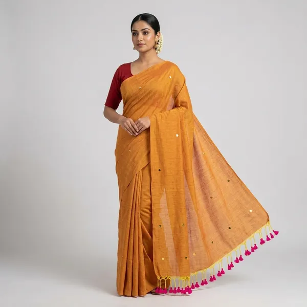Beige_Gini_Khadi_Handloom_Saree_With_Blouse_Tassels