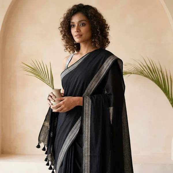 Elegant_Black_Saree_With_Tassel_Border