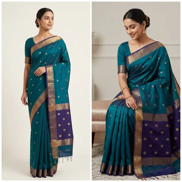 Teal_Blue_Maheshwari_Silk__Saree_With_Blouse_Tosses