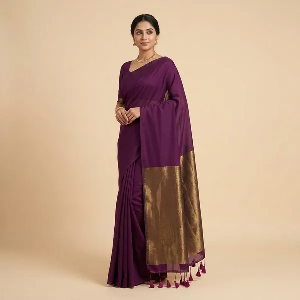 Purple_Khadi_Handloom_Saree_With_Blouse_Tassels