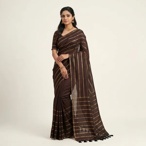Brown_Khadi_Handloom_Jodi_Border_Saree_With_Blouse_Tassels
