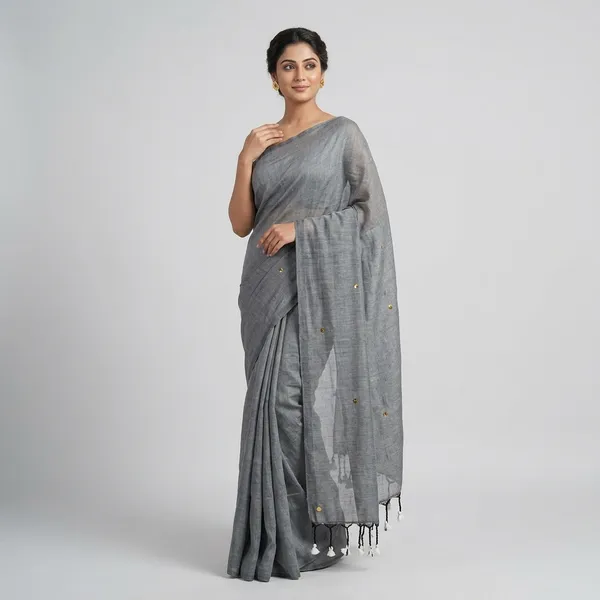 Grey_Gini_Khadi_Handloom_Saree_With_Blouse_Tassels