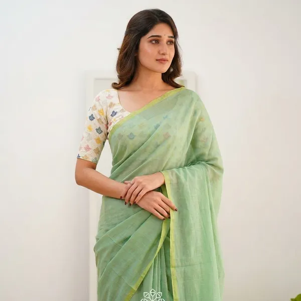 Green_Moll_Cotton_Saree_With_Blouse_Tosses
