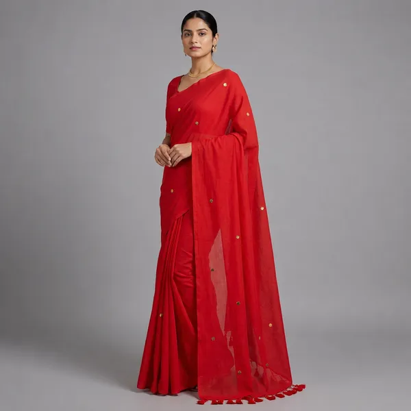 Red_Gini_Khadi_Handloom_Saree_With_Blouse_Tassels