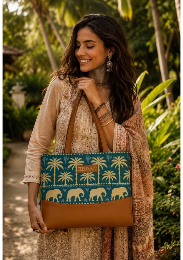 Teal_Canvas_Elephant_Motif_Print_Leather_Handle_Tote_Bag_For_Women