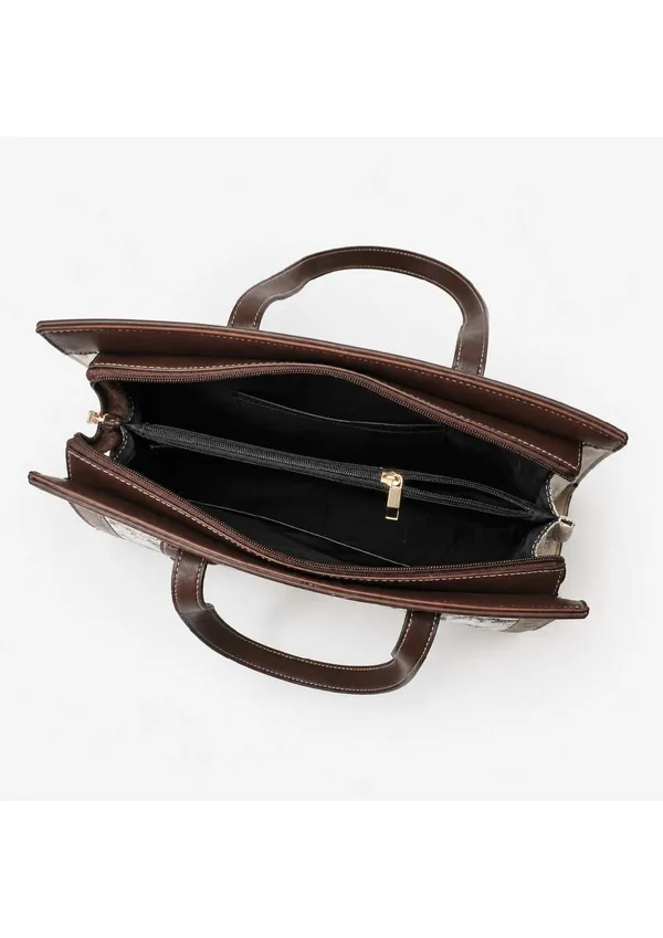 Brown_Woven_Fabric_Faux_Leather_Trim_Structured_Handbag_For_Women