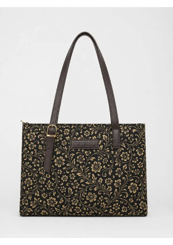 Black_Gold_Floral_Print_Canvas_Structured_Tote_Bag_For_Women