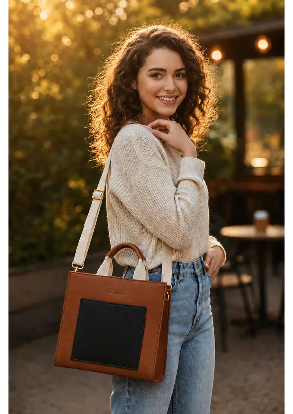 Brown_Black_Canvas_Leather_Two_Tone_Structured_Satchel_Bag_For_Women